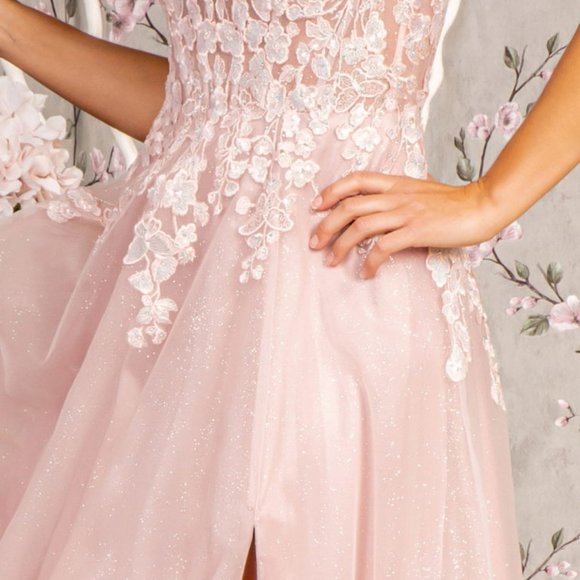 NEW FORMAL SLEEVELESS LACE UP BACK DRESS EMBROIDERED WITH FLORAL LACE GL3328 - Picture 6 of 12